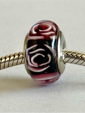 Pink and black flowers Murano Glass Charm fit Pandora bracelets